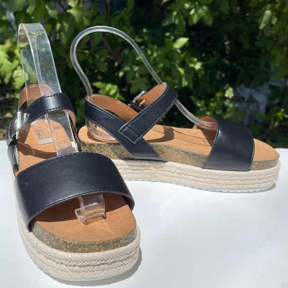 Qupid Cancun Black Rafia Espadrille Cork Wedge Platform Sandal - Picture 3 of 12